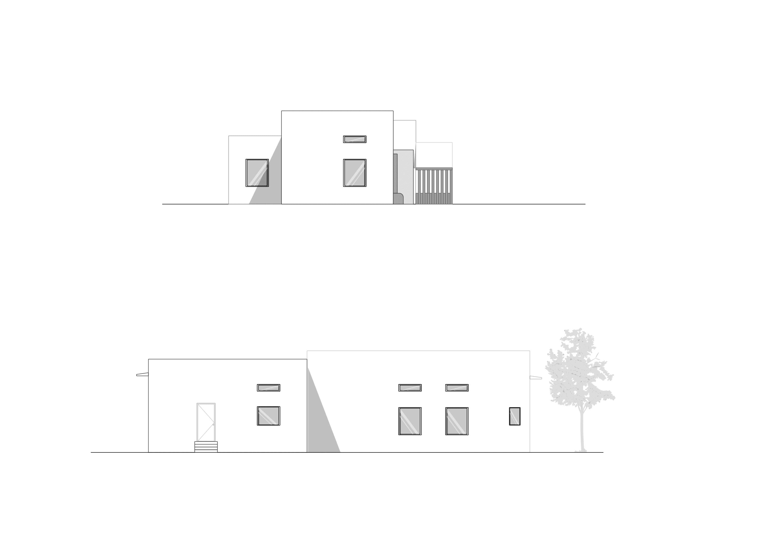 Architectural elevation drawings showing the facade design for the Dambatta residence with clean lines and desert-responsive forms