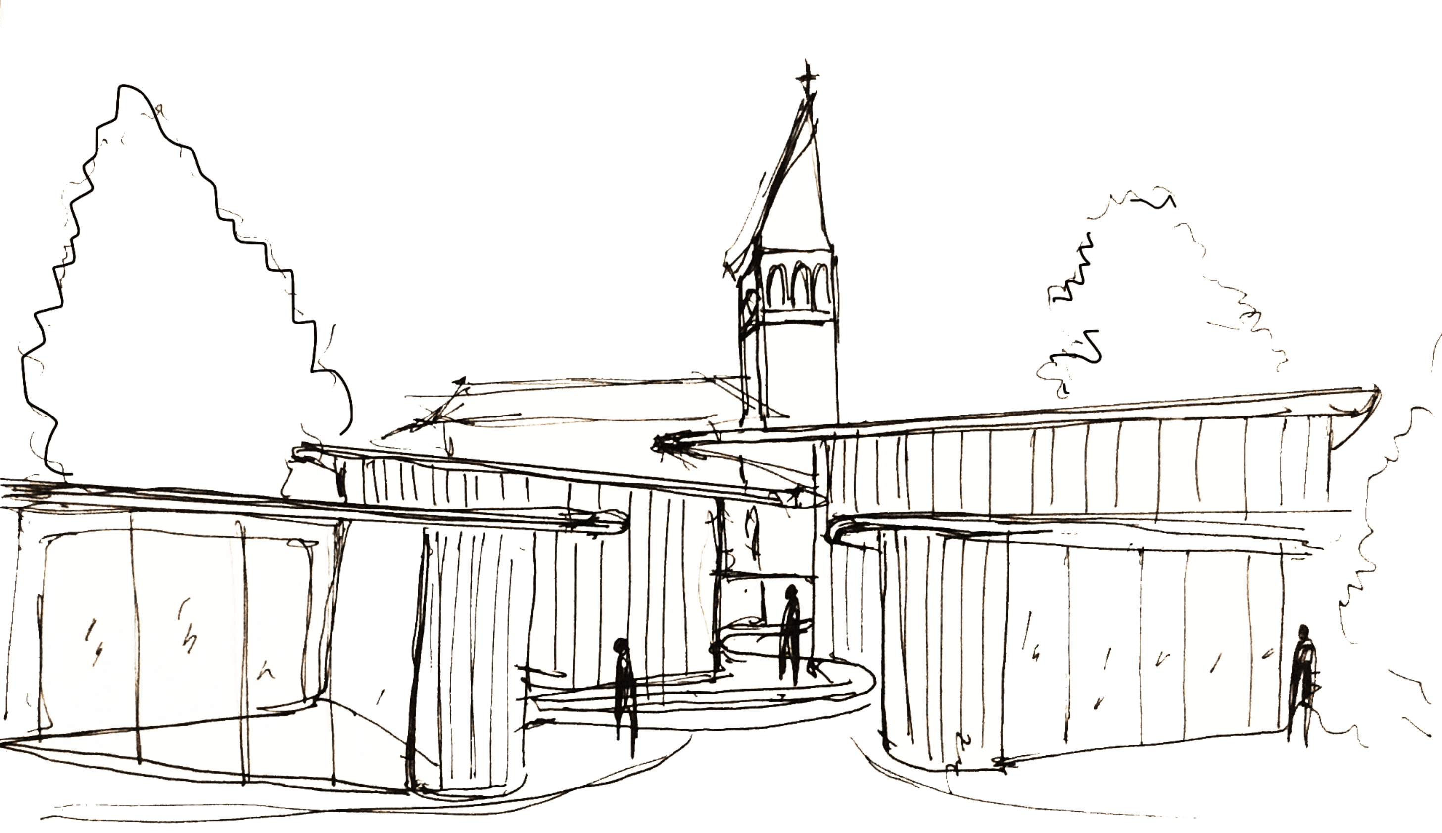 Hand-drawn architectural concept sketch showing pavilion-like volumes and a central tower element