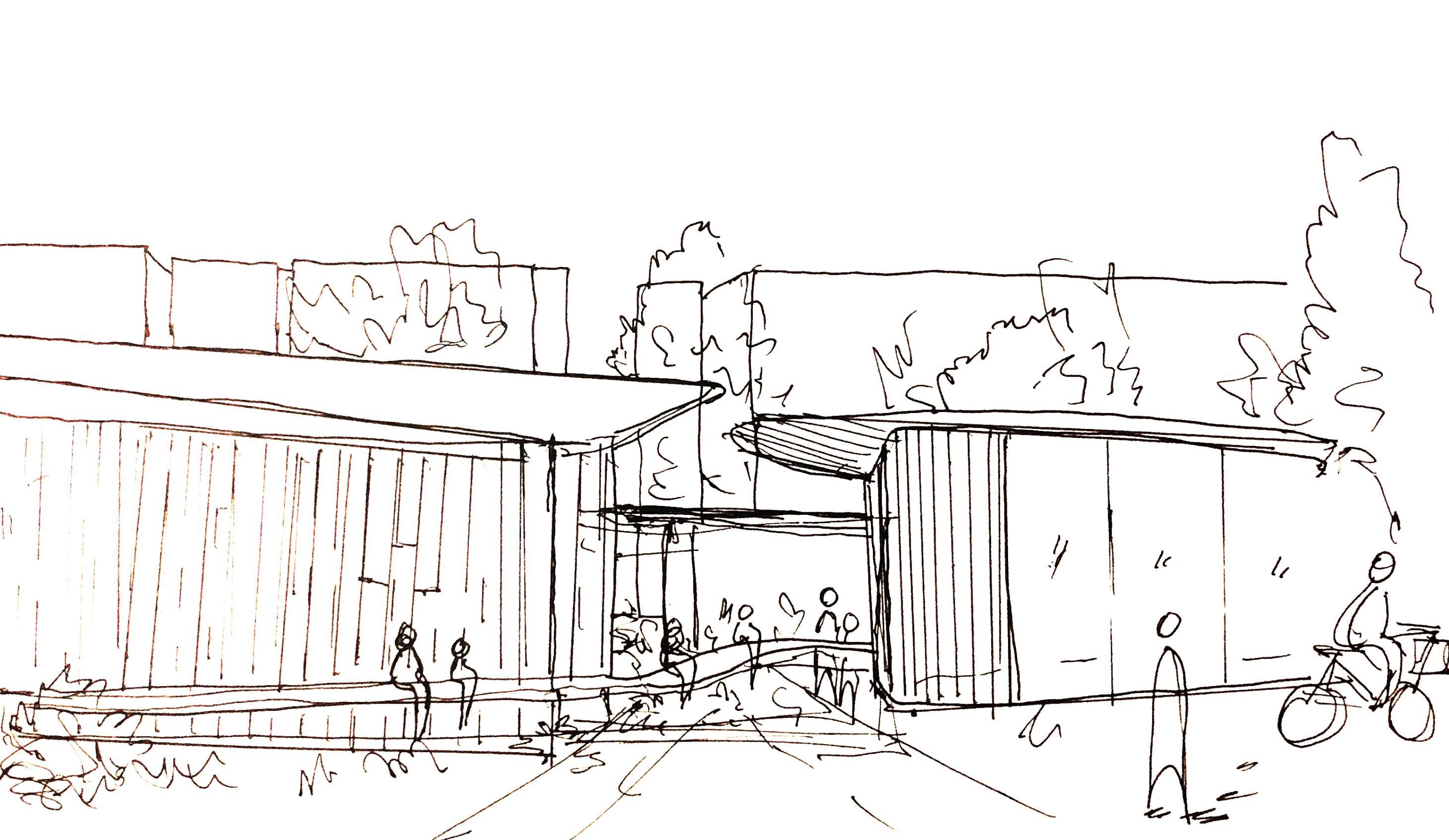 Hand-drawn sketch of two pavilion volumes with an entry connection and figures indicating circulation